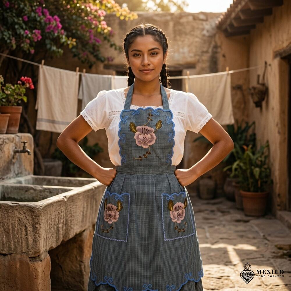 Mexican Embroidered Bib Apron for Women – Multicolor with Floral Design